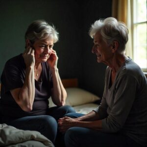 “Two ultra-realistic, documentary-style photographs showing the same real middle-aged woman (around 57 years old) inside a small, modest bedroom with natural light coming from a side window. First Photo – BEFORE (Suffering with Tinnitus): The woman sits hunched at the edge of an unmade bed, pressing both hands tightly against her ears in visible pain and frustration. Her eyes are slightly red and watery, showing sleepless nights and emotional exhaustion. Skin shows full natural texture: visible pores, deep under-eye circles, forehead wrinkles, nasolabial lines, and uneven skin tone with light redness and discoloration. Her jaw is clenched, shoulders tense, and lips slightly parted as if holding back tears. Her graying hair is messy, slightly oily, with strands sticking out. Lighting is dim and cold, with hard shadows emphasizing facial tension. The room looks lived-in: wrinkled blanket, an old bedside table, and a dusty curtain filtering light. Second Photo – AFTER (Relieved and Peaceful after Finding a Solution): Same woman, same position, same environment. Now she sits upright with relaxed shoulders, her hands resting gently on her lap. Her face shows genuine emotional relief: a small, authentic smile with softened eyes, slight moisture in her gaze (as if from joyful emotion). Skin texture remains realistic—pores, fine lines, natural color variation—but now with more warmth and life in her expression. Lighting is brighter and warmer, sunlight filling the room softly, creating a hopeful, peaceful atmosphere. Background remains the same: bed, curtain, bedside table, but now with a more positive, airy light mood.** Both images must avoid artificial smoothness or plastic skin effects. Prioritize authentic, raw, human emotion, with photographic imperfections like light leaks, slight grain, and environmental realism. Shot with a full-frame DSLR camera, 85mm documentary portrait lens, shallow depth of field with sharp focus on the subject’s face.”